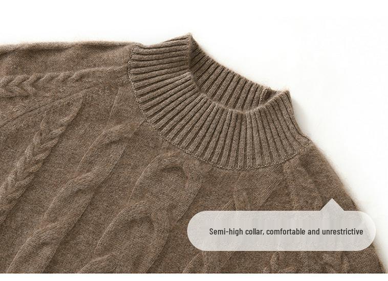 Cashmere Cable Knit Raglan Sweater - Half-High Neck, Loose Fit