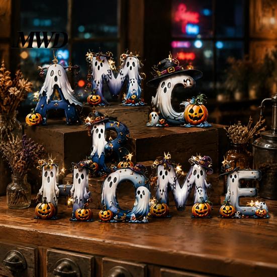 Creative Photo Prop Wall Decorations Halloween Letter Ornament, Spooky Hanging Wooden Alphabet Letters Pendant with Ghost Holiday Scenery for