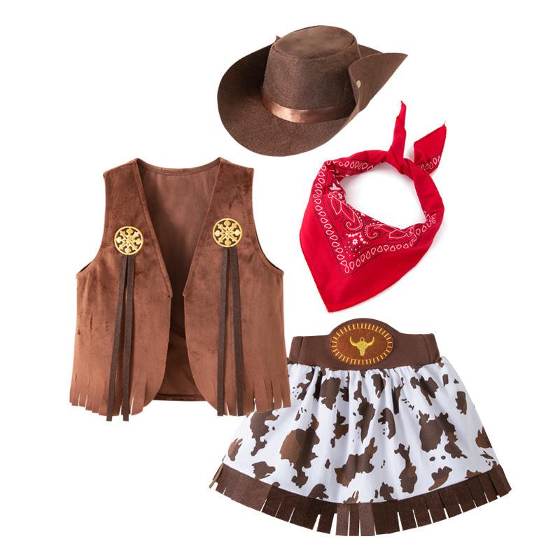 Kinder Cowgirl Cosplay Verkleidungsset Rosa/Braun Fransen Westliches Kostüm für Halloween-Mottoparty Bühnenauftritt