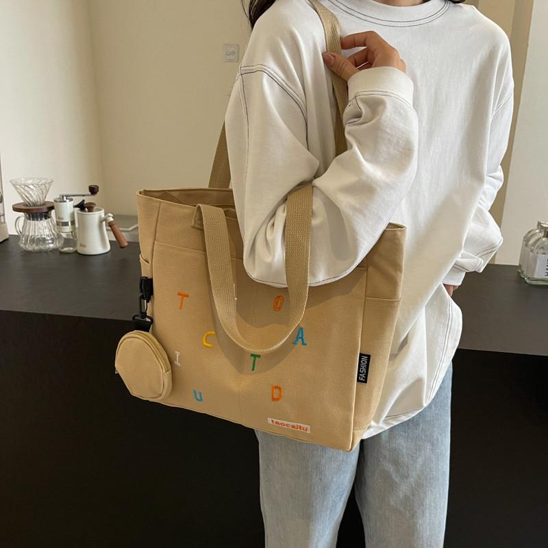 Large Capacity Canvas Tote Bag For Women Stylish Embroidered Letter Design For School