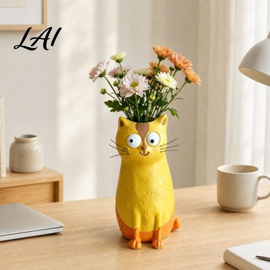 Vase Chat en Résine pour Fleurs Décoration de Bureau Originale pour Fleurs et Présentation sur Étagère