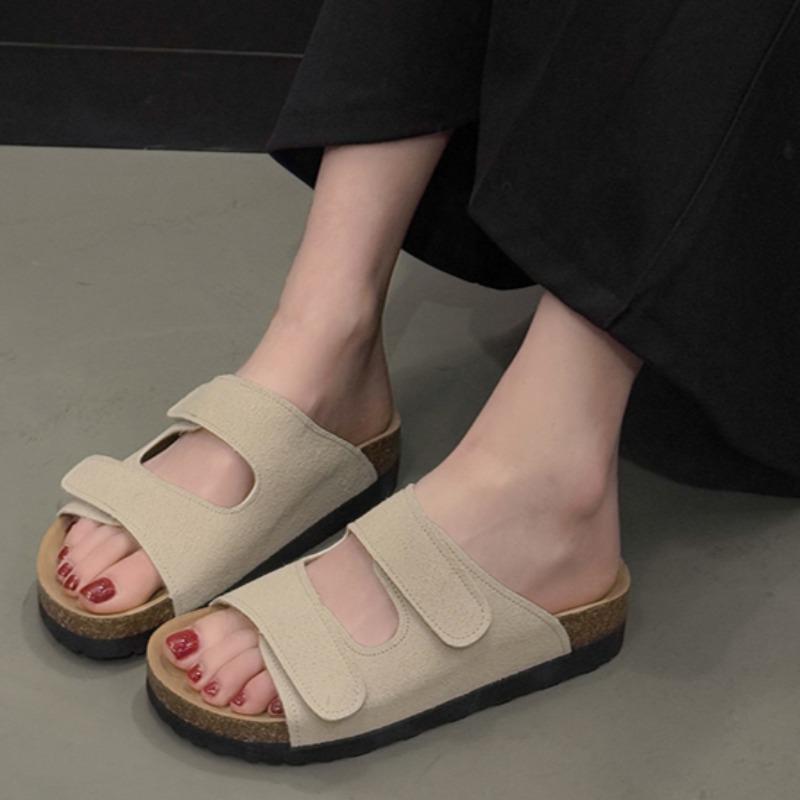 Fashion Summer New Style Flat Sandals Women Fashion Round Head Shallow Mouth Open Toe Cow Suede Set Foot Anti-slip Wear Slippers