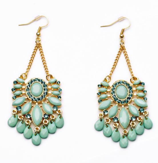 Fashion high-end earrings, party temperament jadeite tassel earrings, Korean version diamond-set exaggerated women's ear jewelry