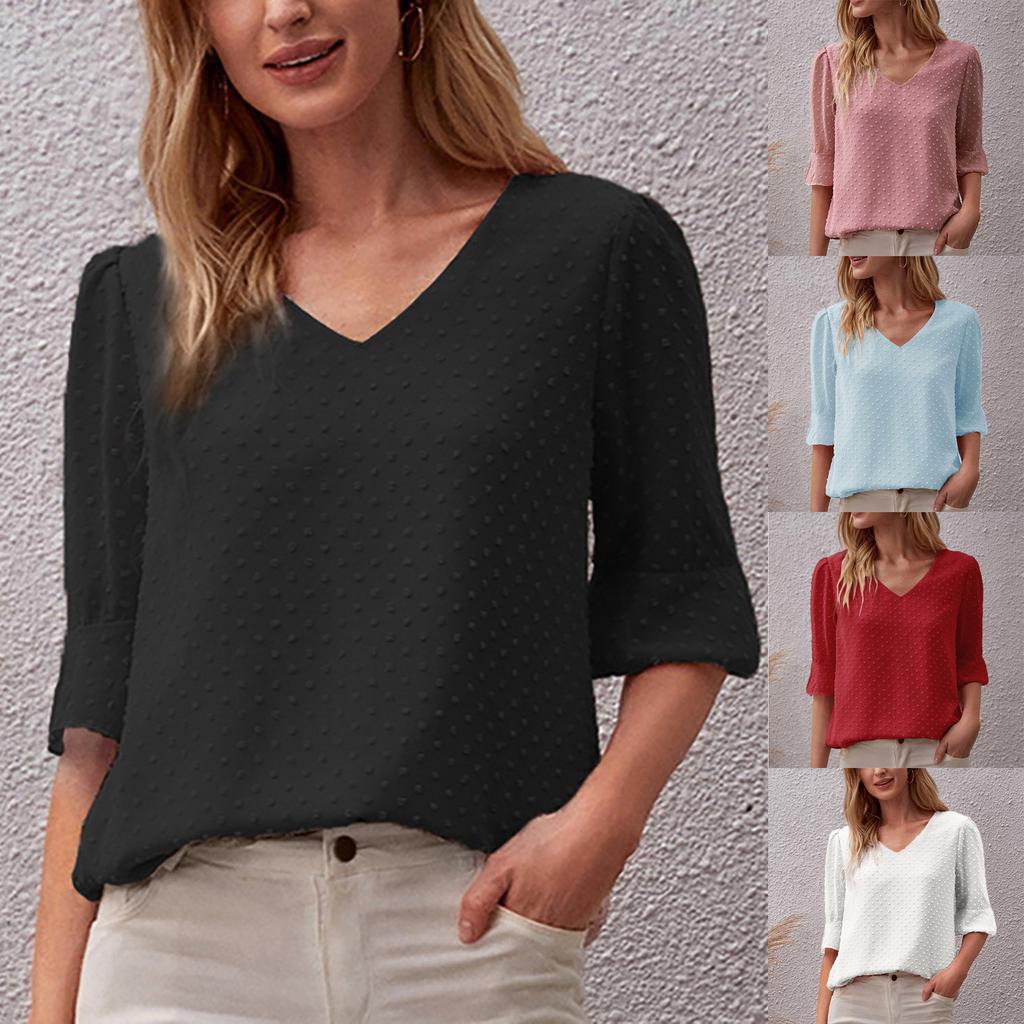 Damenmode, lässig, einfarbig, kurzärmelig, V-Ausschnitt, Chiffon, lockeres T-Shirt