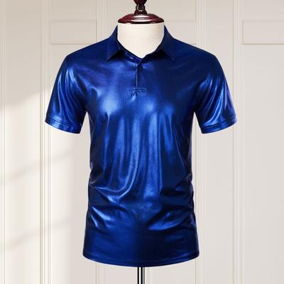 Summer Men T-shirt Turn-down Collar Glossy Bronzing Surface Metallic Solid Color Buttons Short Sleeves Pullover Mid