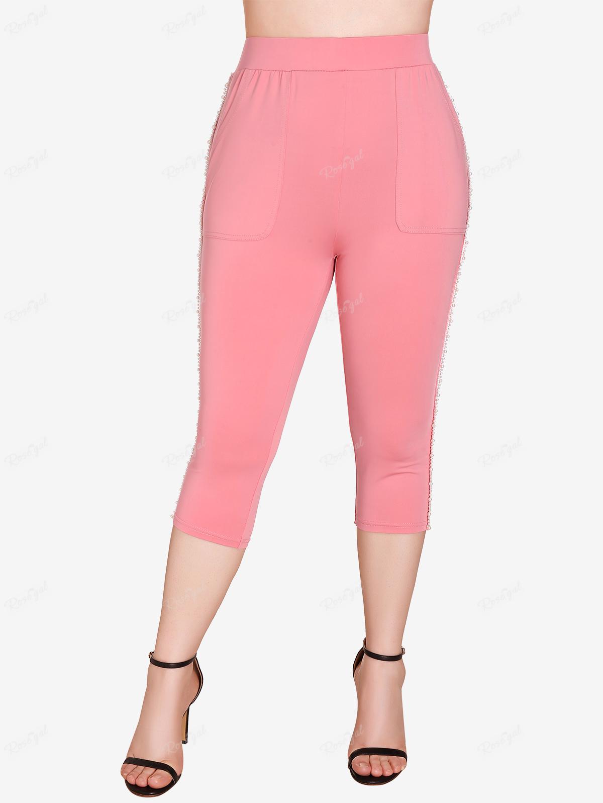 Леггинсы-капри больших размеров Rosegal с жемчугом и карманами M светло-розовый — фото 2