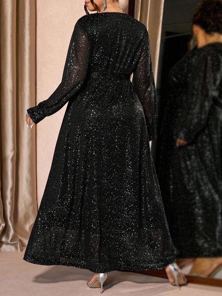 Plus Size V-Neck Long-Sleeve Evening Gown with Slit - Spring/Autumn
