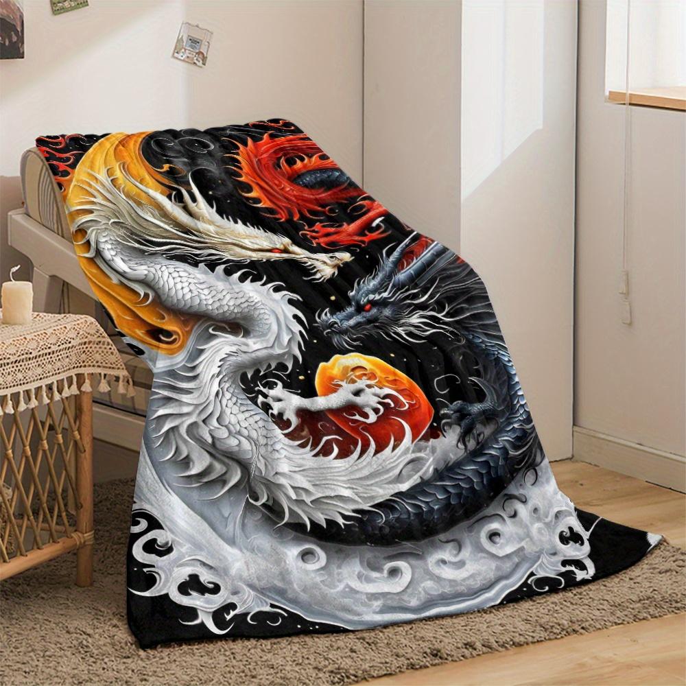 Dragon Yin Yang Throw, Balanced Design Flannel Blanket, Soft Portable for Travel, Zen Inspired Home Decor Gift