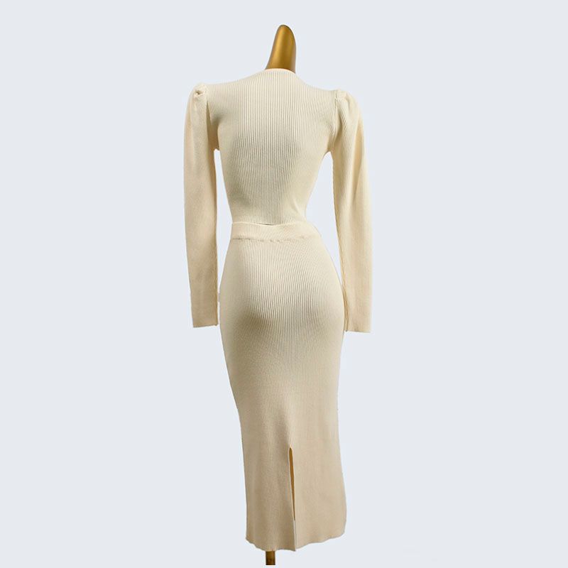 Thick Round Neck Bubble Long Sleeve Short Bottoming Shirt Elastic Waist Mid Length Long Length Solid Color Rib Fabric Back Slit Two-piece Set Pack