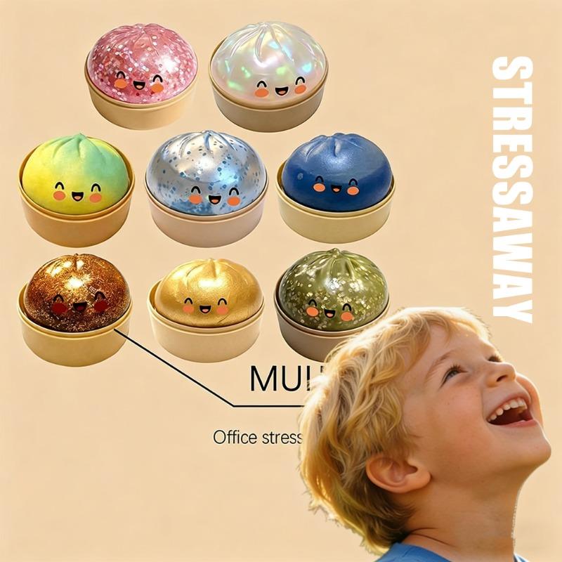 Kawaii-Stressball in Knödelform mit Smiley-Gesicht, einzigartiger Dampfgarer-Sockel, knetebarer Teigball, Geburtstagsgeschenk für Mädchen, Jungen und Erwachsene