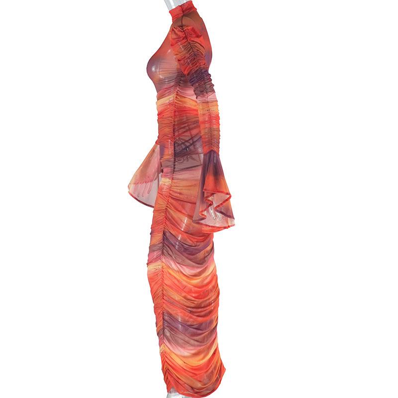 Winter Print Flared Sleeve Pleated Bodycon Dress - European & American Style