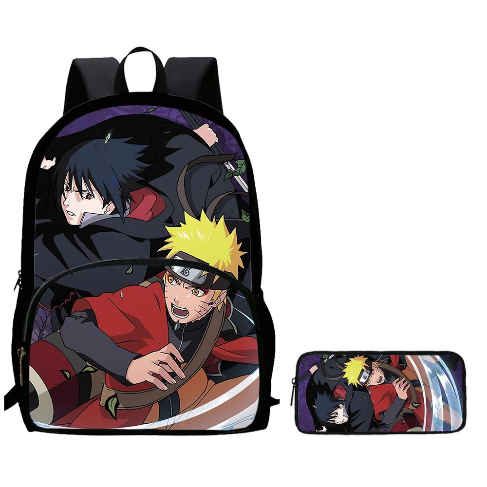 2Pcs Set Kids Backpack with Front Pocket & Pencil Bag, Cartoon NARUTO School Bags for Boys&Girls Aged 6-10, Durable& Lightweight