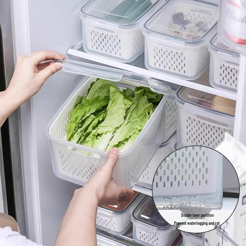 Double-Layer Fresh-Keeping Draining Basket for Kitchen Refrigerator - Vegetable Storage and Washing Box with Filter