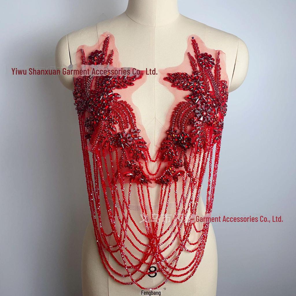 Handmade Beaded Tassel Wedding Dress Shoulder Ornaments with Crystal Diamond Lace Applique