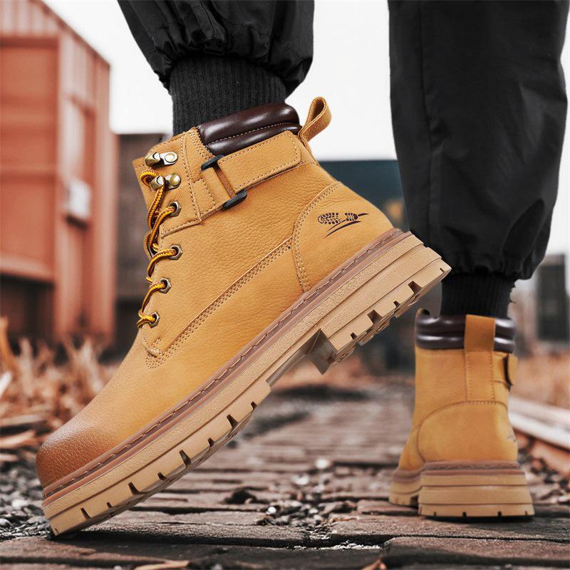 Men's Tough High-Top Yellow Leather Boots, British Style, Non-Slip, 2025 New Autumn/Winter Collection