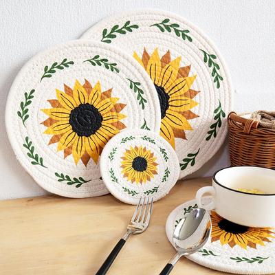 1 Stück Runde Baumwolle Gewebt Sonnenblumen Bedruckt Küchen-Isolierunterlage Tisch-Essmatte Platzset Geschirrbecher-Untersetzer