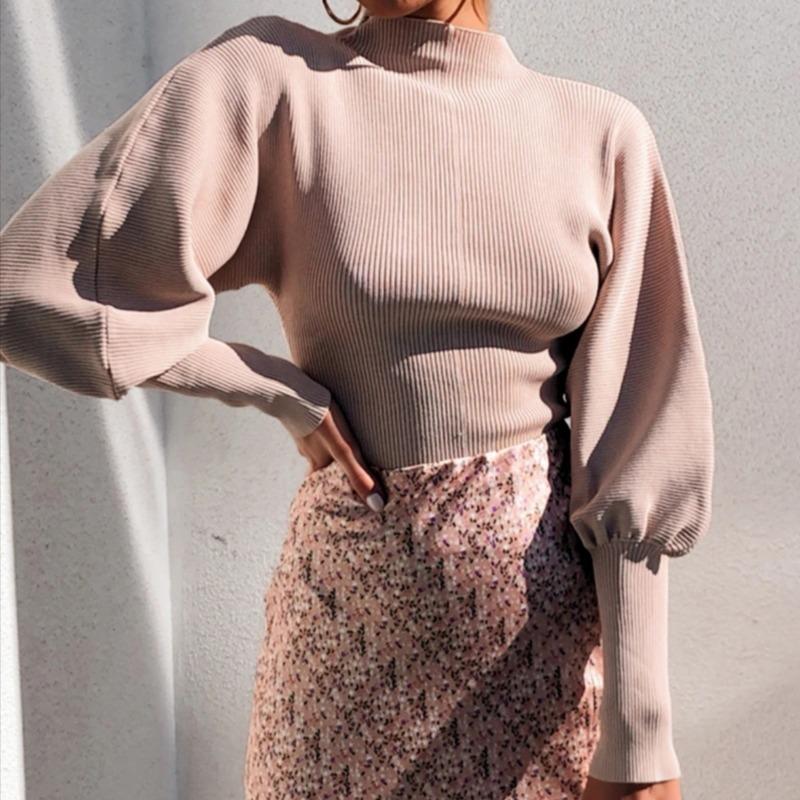 Autumn Winter Sweaters Women's Fashion Solid-color High Neck Knit Lantern Sleeve Long Sleeve Woolen Sweater