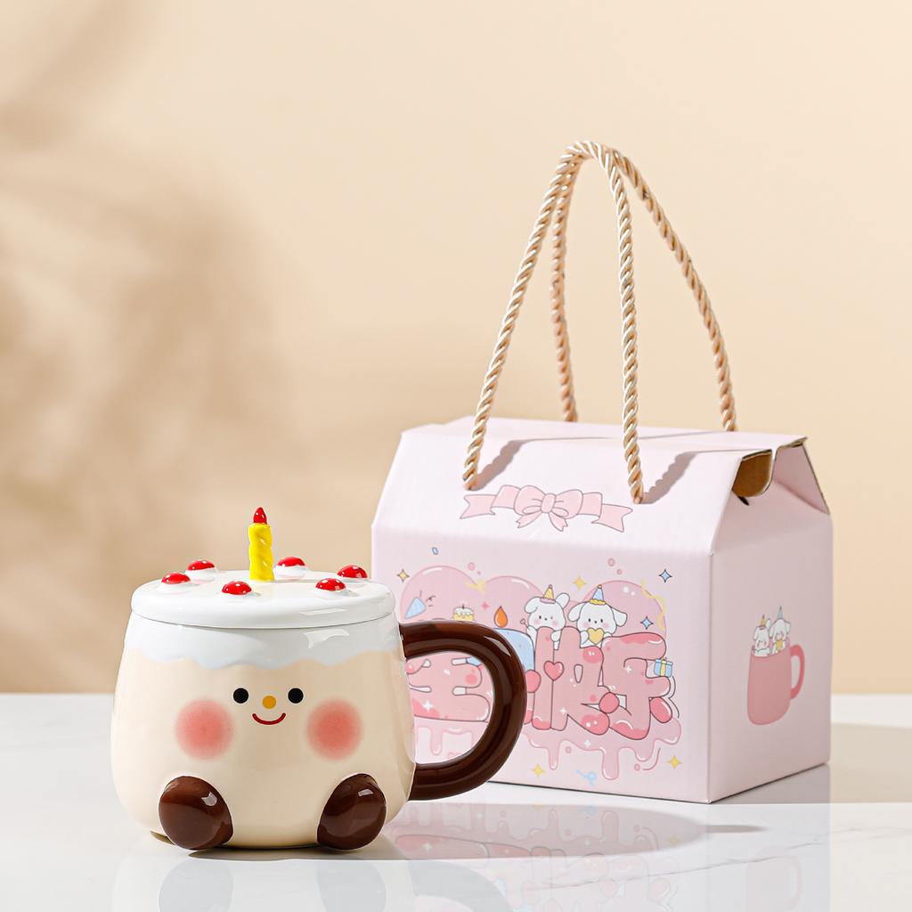 High looking Cake Ceramic Cup for Girls Cute Cartoon Home Set of Mug with Lid Coffee Cup Gift Box