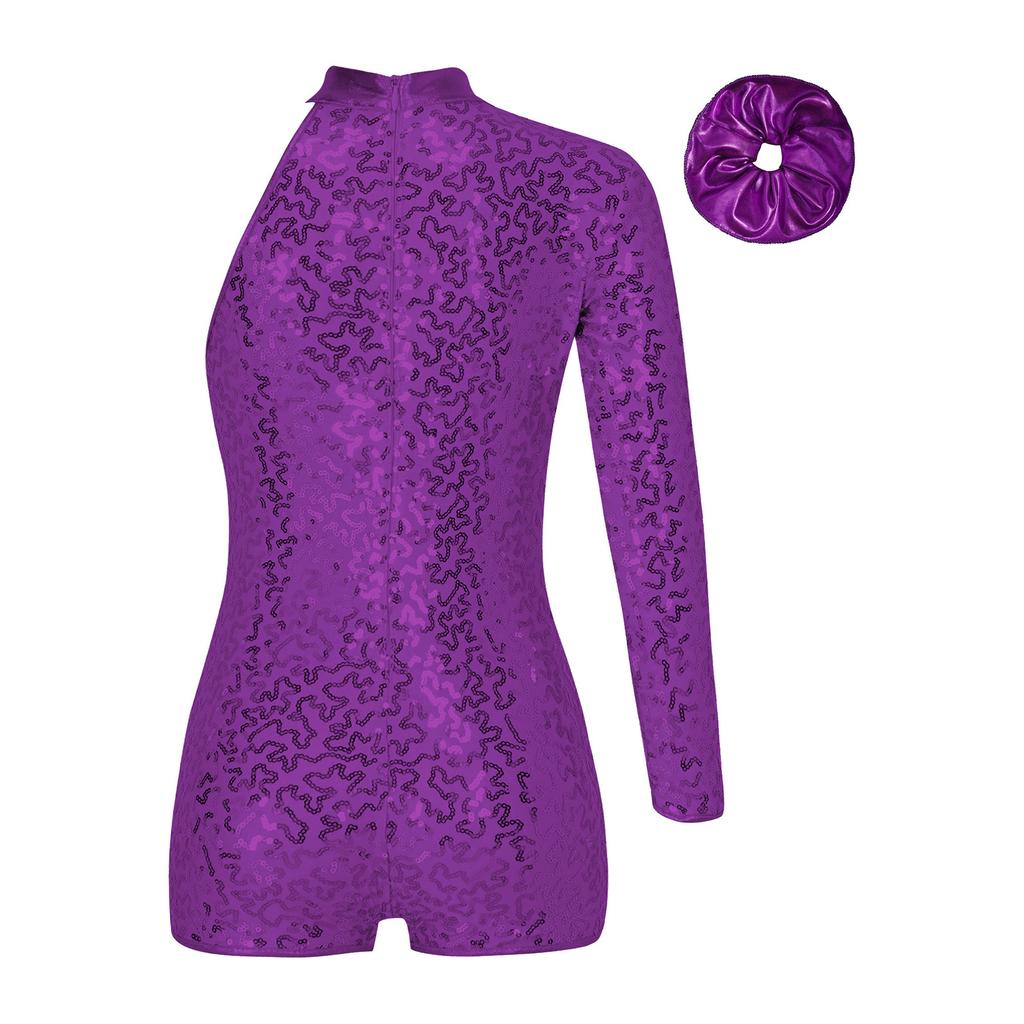 Girls Performance Leotard One Shoulder Long Sleeve Shiny Sequins Invisible Zipper Back Jazz Outfit