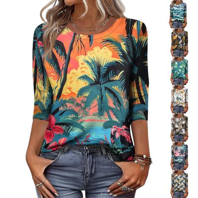 Trendy Vintage 3/4 Sleeve Top For Women,Ladies Casual Three Quarter Sleeve Round Collar Printed T-Shirt Blouse