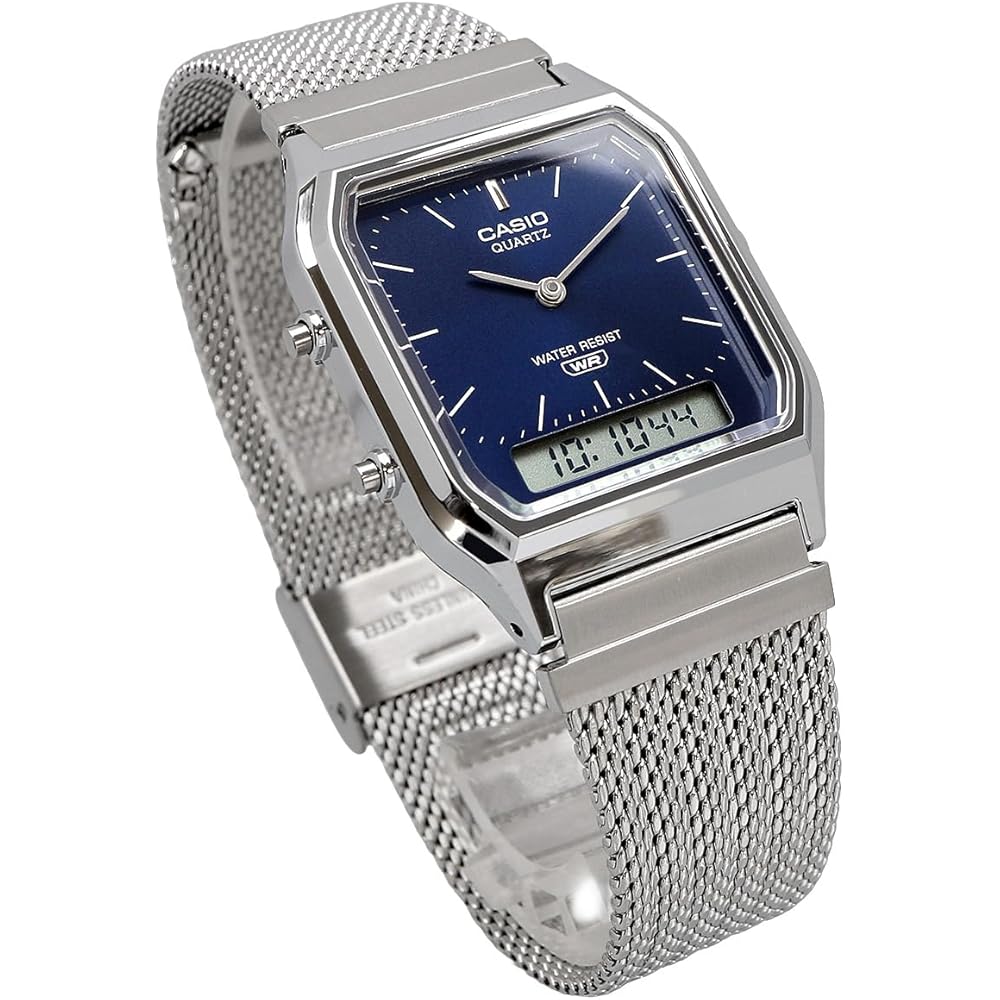 Casio Ana-Digi Vintage Series Quartz Watch AQ-230EM-2A Mesh Metal Band Unisex Dual Time Navy