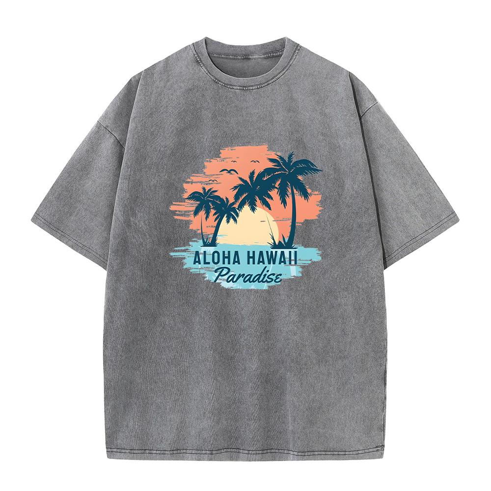 

Mens Distressed Washed T Shirt With HAWAII Coconut Tree Print Pure Cotton Short Sleeve Vacation Style Casual Loose Fit Top S