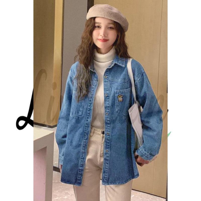 

Korean Style Bear Embroidery Denim Shirt - Thick Material, Hot for 2026 Autumn/Winter Women s Fashion Small синій