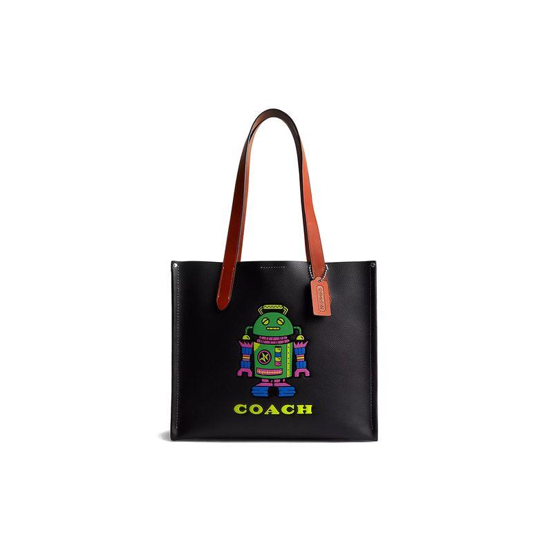 Coach Cosmic 34 Cartoon Robot Pattern Print Pebble Texture Magnetic Snap Canvas With Leather Tote Bag Shopping Bag Shoulder Handbag Large CN602-BLC