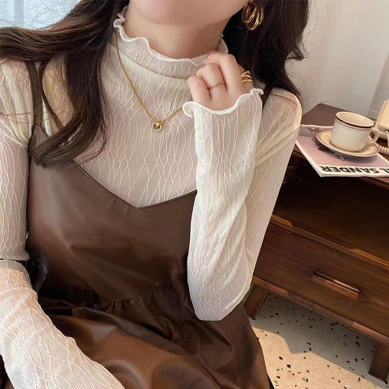 Women S Long Sleeve Lace Mock Neck Ruffled T Shirt Inner Top