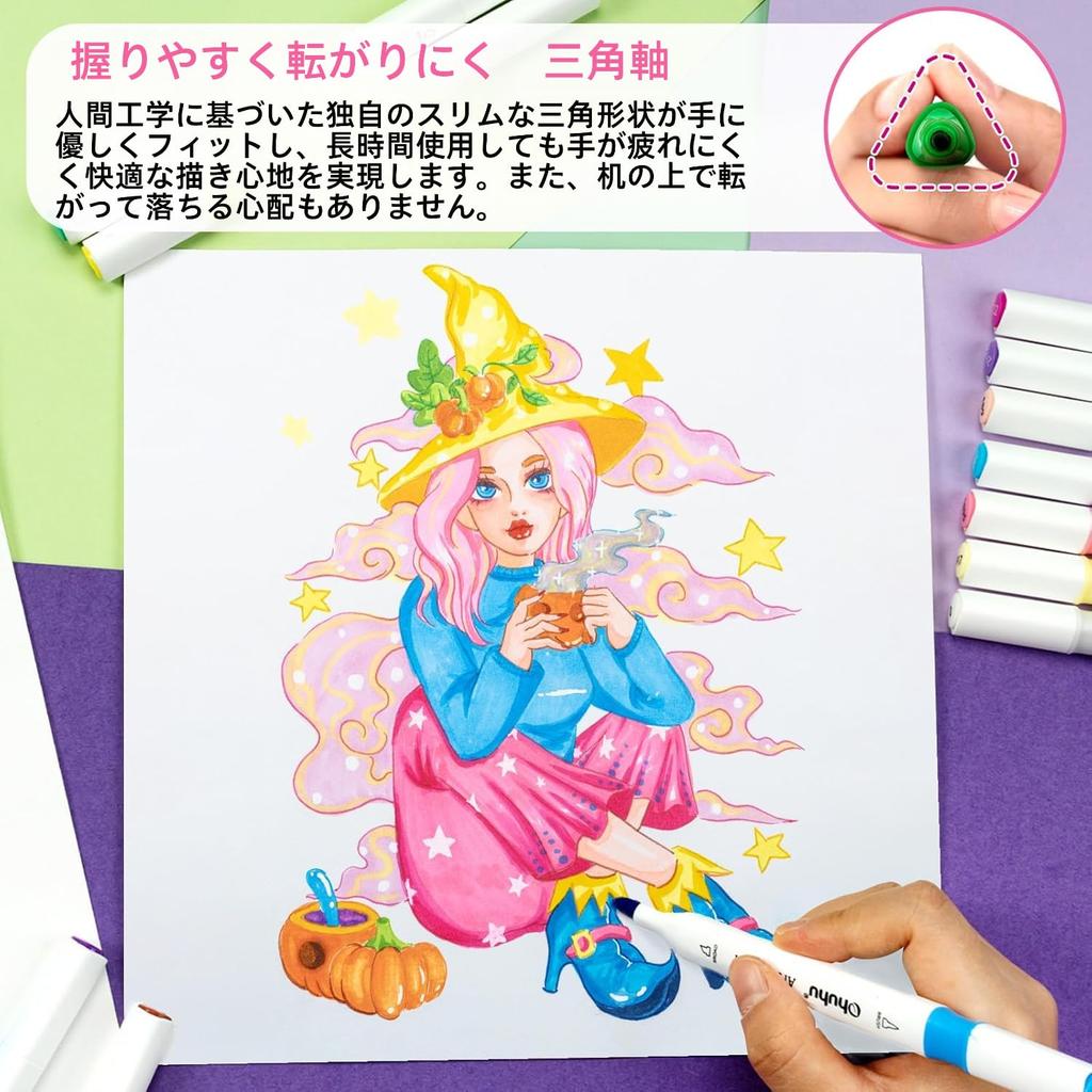 Ohuhu Brush Marker 48 Brush and Broad Illustration Triangular Blender Pen Alcohol Marker Set A Pens, Colors, Beginner's Guide, Point, Markers, Shaft,