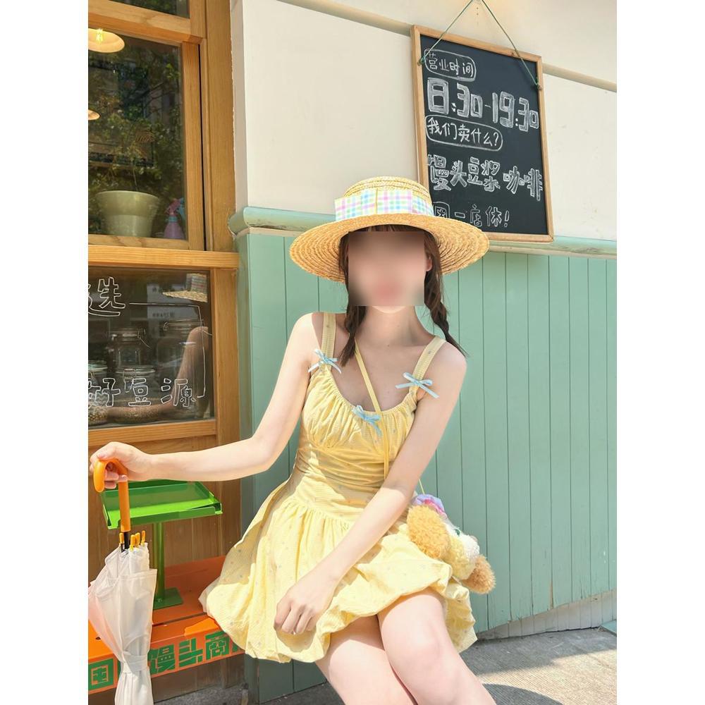 

Летнее платье-сарафан в желтый горошек с бантом, женская весенняя плиссированная талия, юбка-бутон, пышная короткая юбка XL- (recommended 110-60kg)