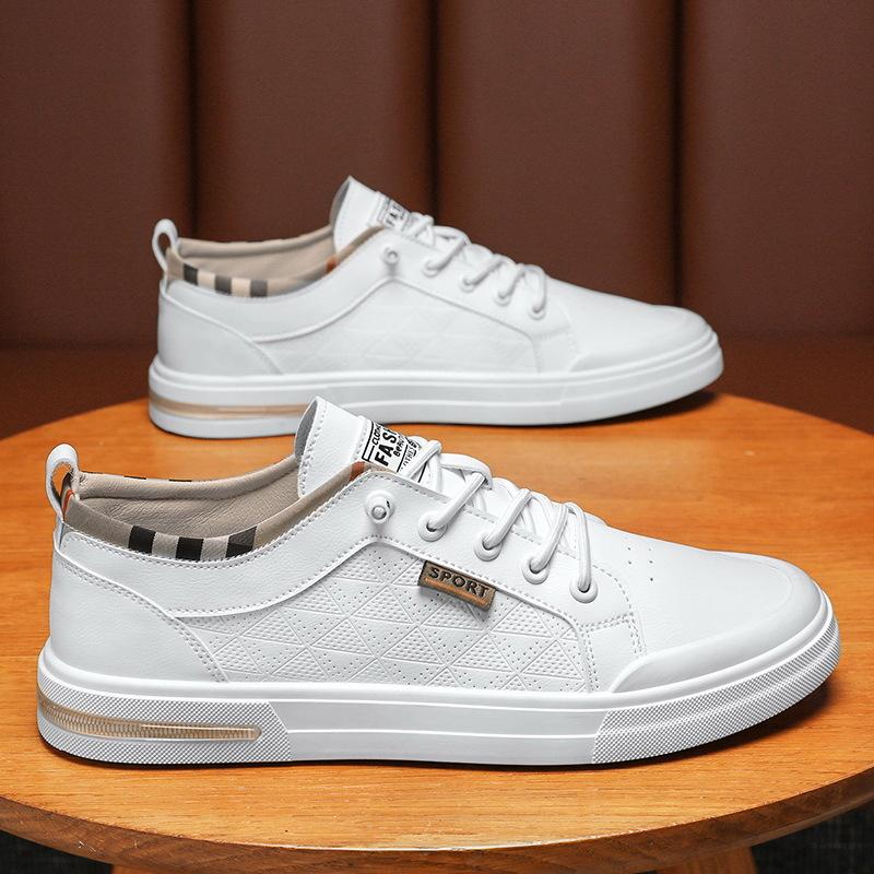 

Men s casual versatile work sports board shoes flat-soled soft leather little white shoes 2024 new elastic band foot shoes 39 белый