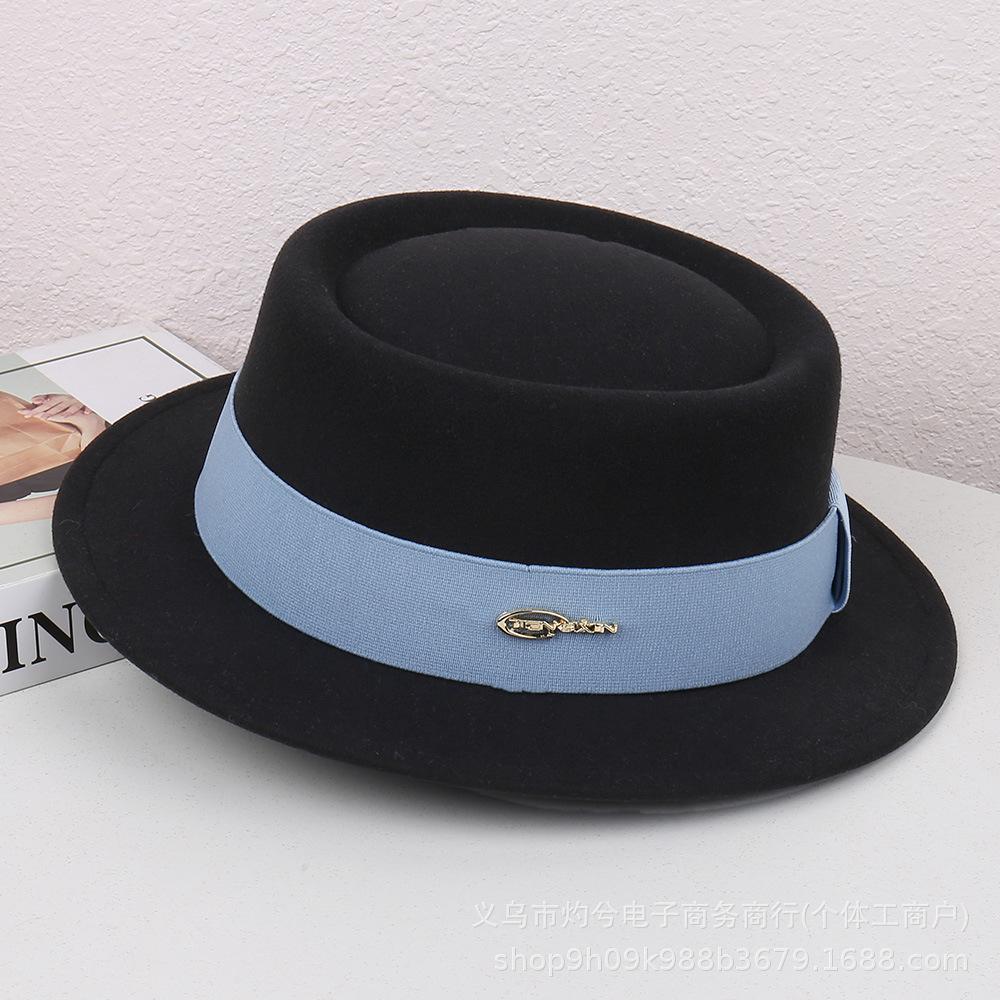 Autumn and Winter French Flat-brimmed Woolen Flat-top Top Top Hat Female British Show Small Face Simple Temperament Elegant Celebrity Style Jazz Hat