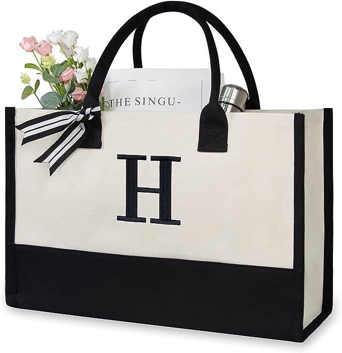 A-Z Letter Canvas Tote Bag Women Large Capacity Shoulder Handbag Contrast Color Thick Fabric Reusable Shopping Bag