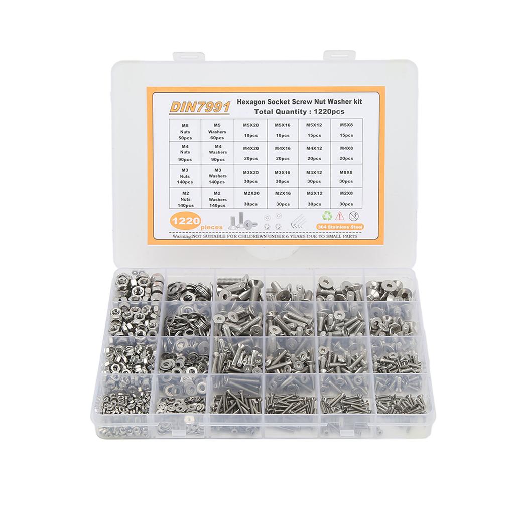 1220PCS Screw Nut Washer Kit Flat Head Hex Socket 304 Stainless Steel M2 M3 M4 M5 Screw Assembly Kit