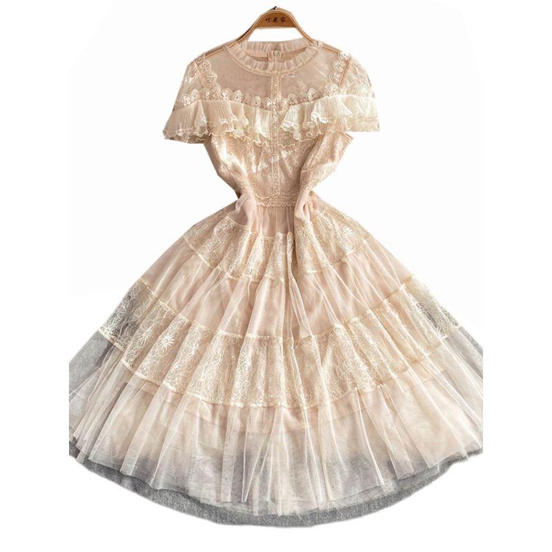 Stylish Mesh Long Dress Female 2024 Summer New Arrival Socialite Elegant Ruffle Sleeve Waist Trimming Short-Sleeved A- line Dress