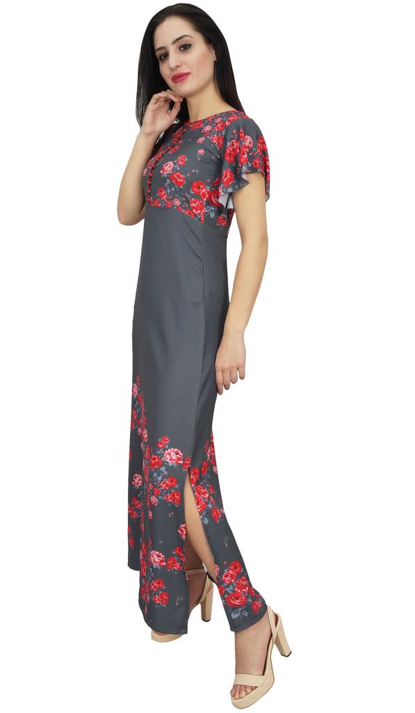 Bimba Women's Sleeve Black Floral Maxi Dress Georgette Summer Wear-14