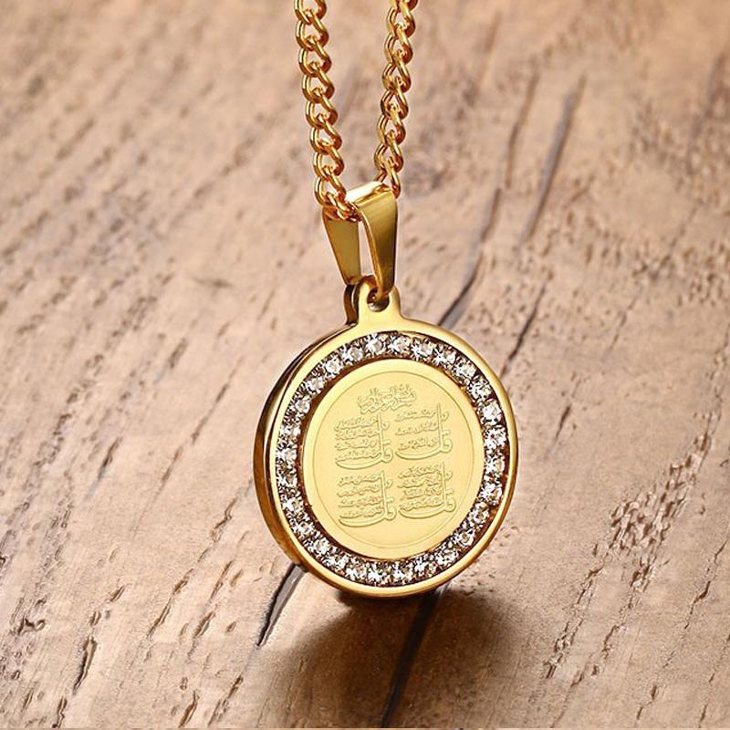 Herenketting 4 Qul Moslim Islamitische Hajj Umrah Hanger Roestvrij Staal Goudkleurig CZ Steen Mannen Modeketting
