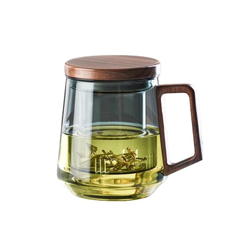 Luxury Smoky Gray Borosilicate Glass Tea Infuser Cup with Wood Handle