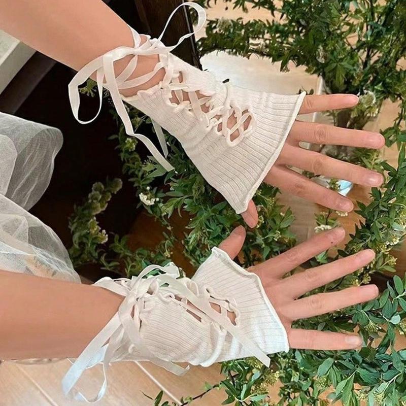 1 Pair Of Y2K Lace Strap Sleeves DIY Decorative Sleeves Short Solid Color Open Finger Curling Sleeves Wrist Sleeves Halloweeny2k Valentine's Day