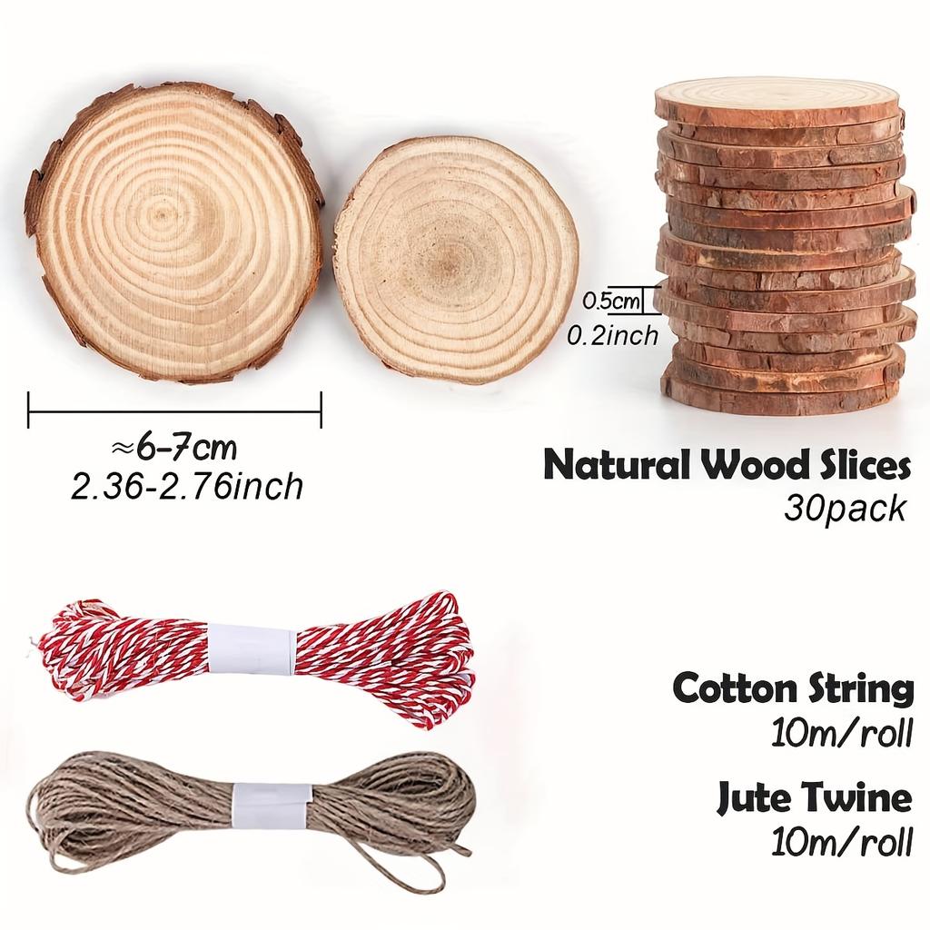 30 Stück Holzspäne 2,4"-2,8" unbearbeitetes Naturholz, rund, mit vorgebohrtem und 66 Fuß langem Hanfseil, Holzspäne für Heimwerkerarbeiten