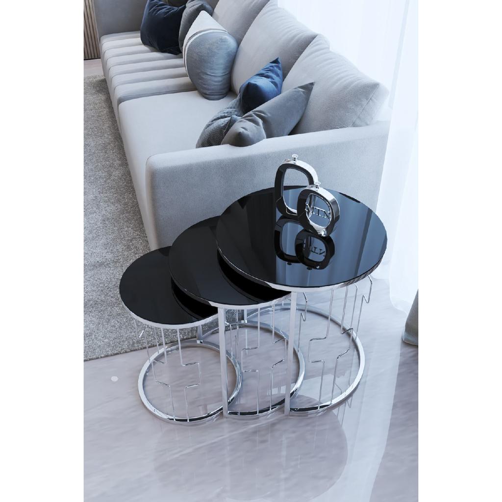 Square Wire 3-seat Nesting Table Silver Plated Black Tempered