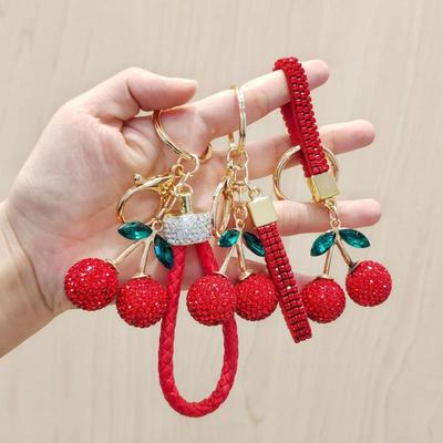 Creative Alloy Diamond Inlaid Red Cherry Keychain  Simulation Fruit Keychain Exquisite Bag Decoration Accessories Gifts