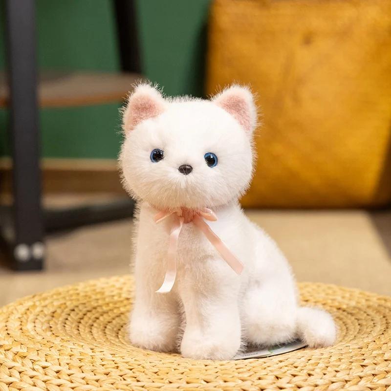 

New Dear Kitten Plush Toys Cute Fluffy Sitting Pose Lifelike Ribbon Bow Cat Doll Lovely Desktop Pets Elegant Gift To Girls 18cm белый