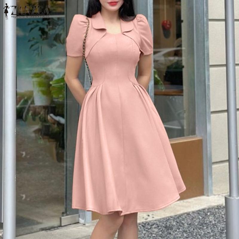 ZANZEA Damen Casual Sommerkleid mit quadratischem Ausschnitt, kurzen Ärmeln und A-Linien-Schnitt