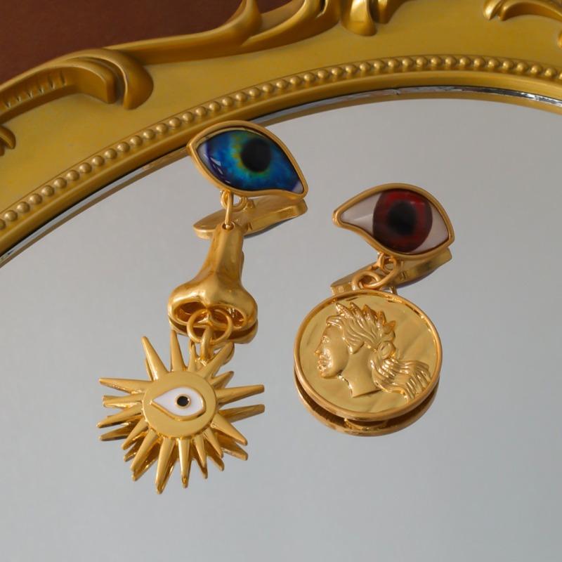 Винтажные Асимметричные Серьги-подвески с Глазом Дьявола Покрытие Настоящим Золотом