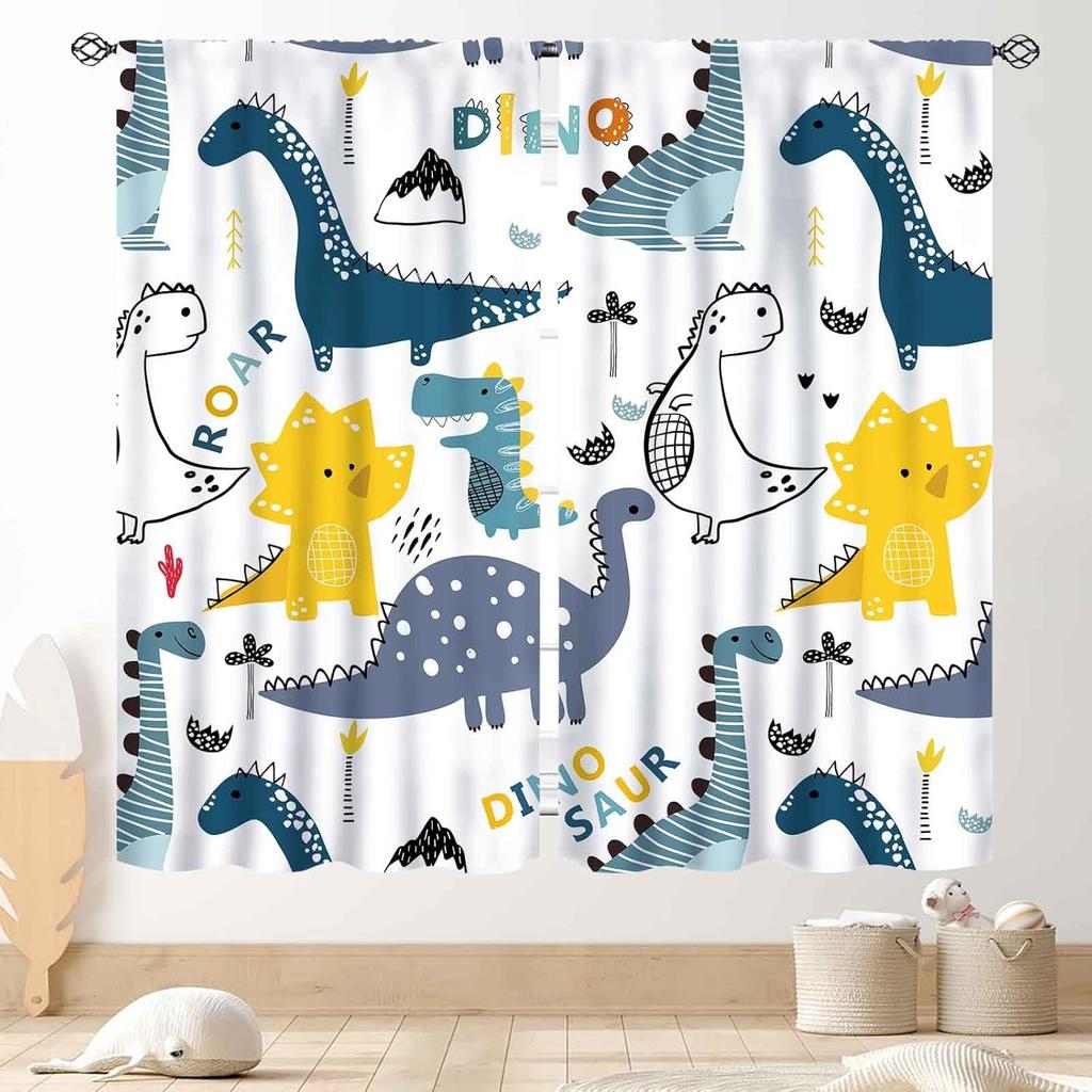 Dinosaur Curtains Boys Room Cartoon Dino Navy Blue Safari Animal Outer Space Planet Astronaut Theme Baby Window Curtain Blackout Polyester