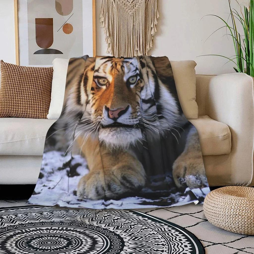 3D Print Tiger Wild Animal Pattern Flannel Blanket Bed Cover for Sofa Soft Adult Warm Throw Blanket Travel Throw Blanket