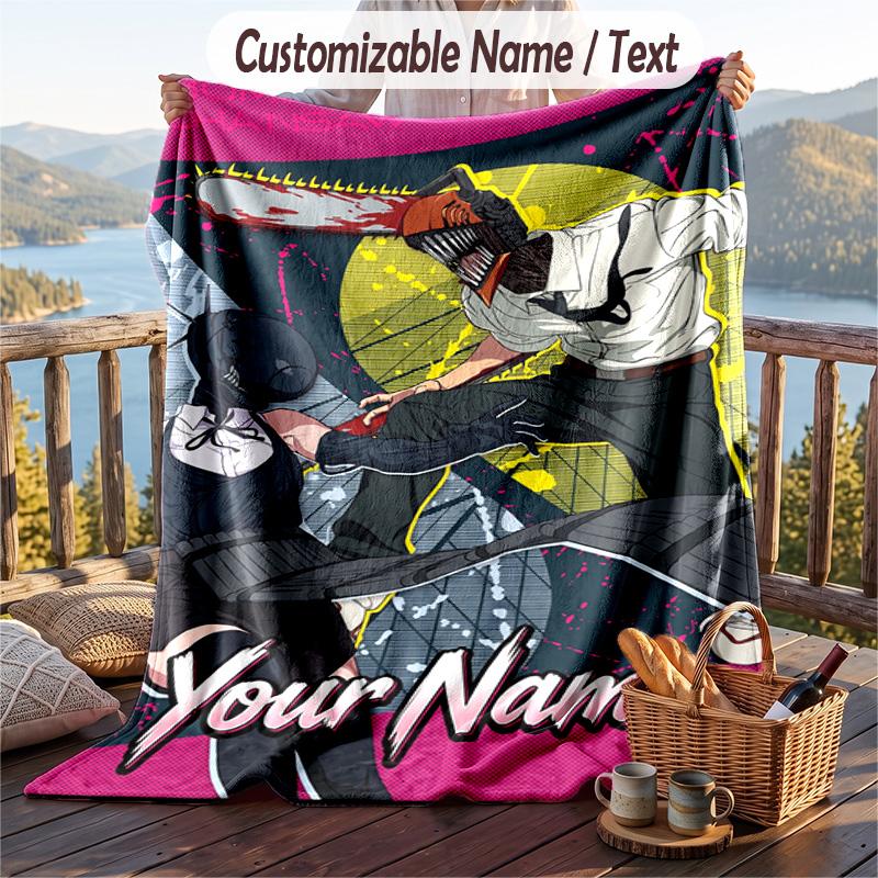 Personalized Flannel Throw Blanket,Chainsaw Man Custom Printed Name, Cozy Plush Blanket For Home Use