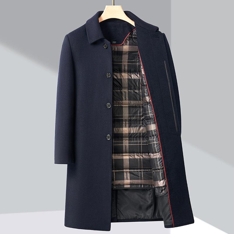 Middle-aged Wool Coat Men's Mid-length 90 Duck Down Autumn and Winter Sleeve Removable Tweed Coat Down Jacket